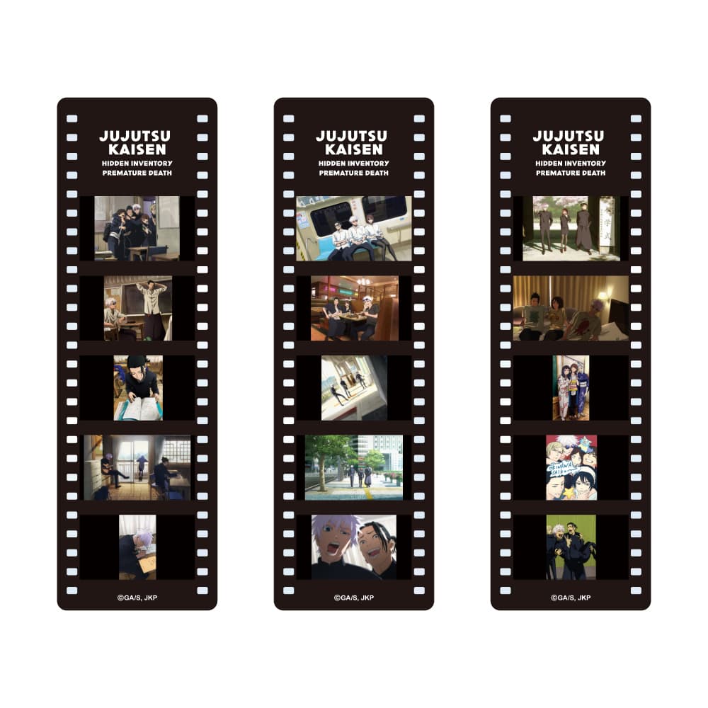 Three Jujutsu Kaisen trading clear bookmarks arranged side by side, each with filmstrip-style panels showing ED visual scenes.