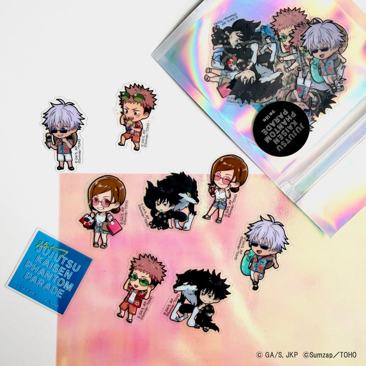 Chibi character stickers from the Jujutsu Kaisen Phantom Parade 2.5th Anniversary sticker set laid out on a surface with the holographic package partially visible.