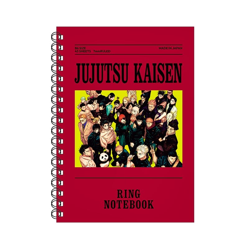Front cover of the '呪術廻戦' ring notebook showing a red spiral-bound notebook with the JUJUTSU KAISEN title and a group character illustration.