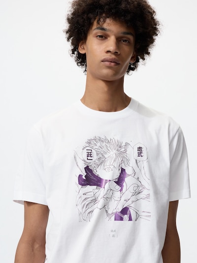 Male model wearing a white cotton men's T-shirt with a Jujutsu Kaisen manga-style print on the front.
