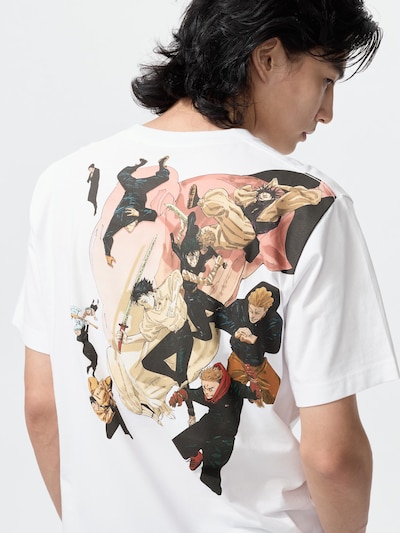 Back view of a white men's cotton T-shirt with a large Jujutsu Kaisen illustration worn by a male model.