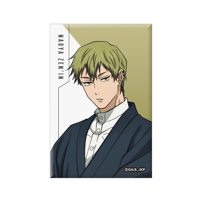 Square can fridge magnet showing an illustrated portrait of Naoya Zen'in from Jujutsu Kaisen.