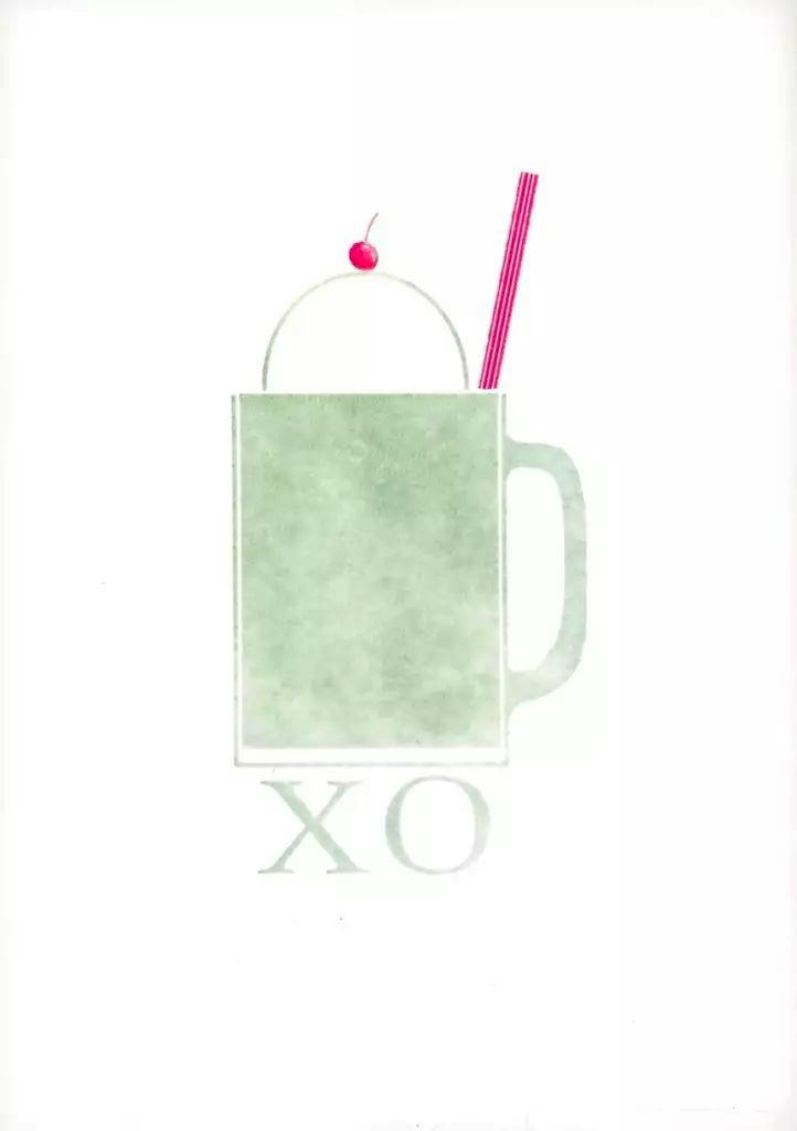 Front cover of the comic book showing a simple green mug with a pink straw and a cherry on top and the letters "XO" beneath.