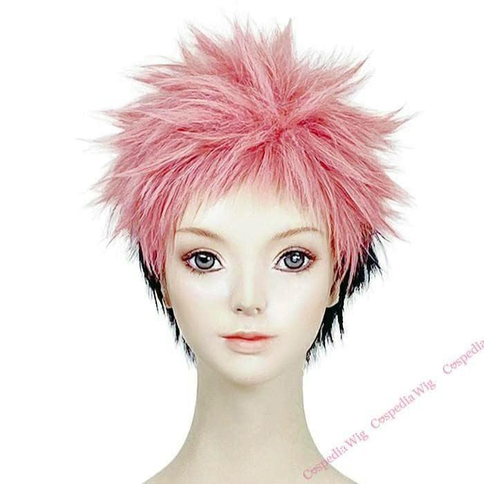 Short spiky pink-and-black synthetic cosplay wig displayed on a mannequin head.