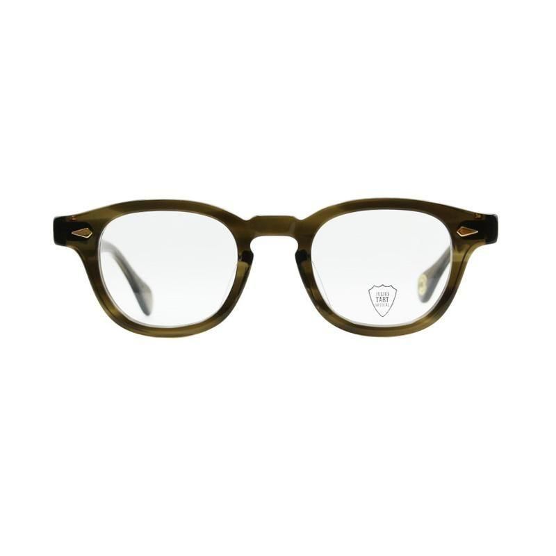 Front view of the olive green PL-001SP plastic eyeglasses (Julius Tart Optical) on a white background.