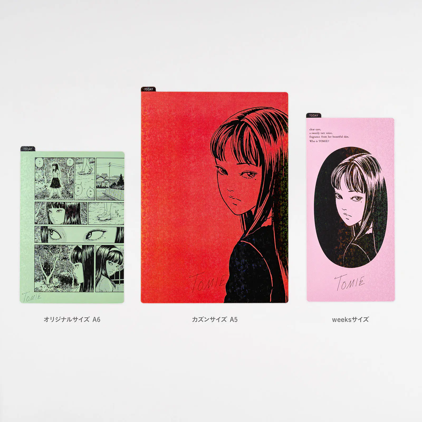Three Junji Ito Tomie Hobonichi pencil boards in A6, A5, and Weeks sizes shown side by side.