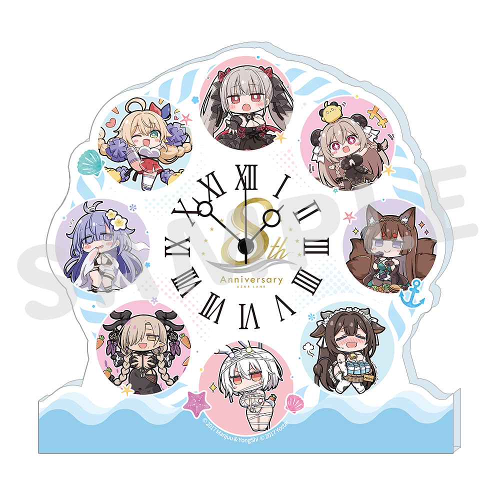 Decorative acrylic clock with a central Roman-numeral clock face surrounded by chibi character illustrations.