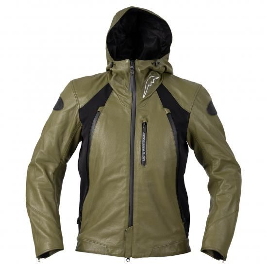 Olive-green cow leather regulator jacket K-0717 with a hood, front zipper, and black side panels.