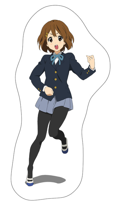 Die-cut cushion showing a full-body illustration of the character Hirasawa Yui in a school uniform.