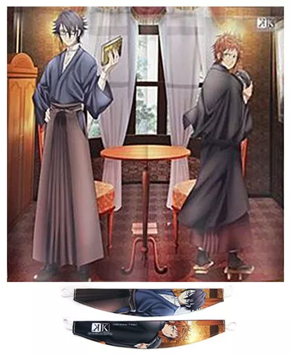 Polyester curtain with printed illustration of Fushimi Saruhiko and Hatta Misaki in a room, shown with two matching tassels beneath.