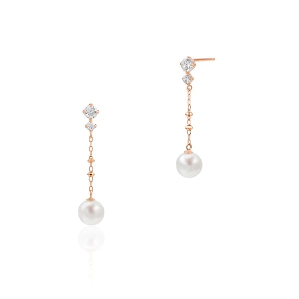 Pair of K10 pink gold drop earrings with small gemstones and pearl drops on a white background.