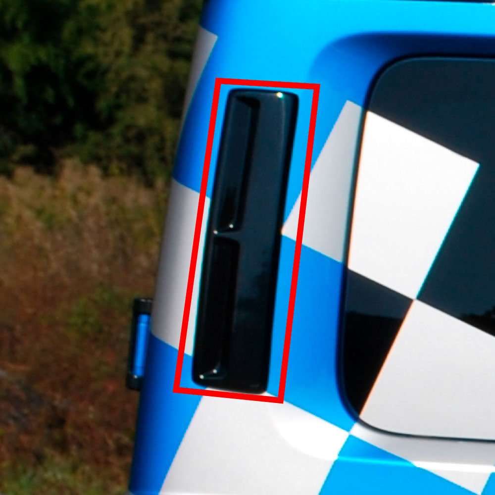 Close-up of the K3 ZERO C PILLAR GARNISH (black trim) installed on a blue vehicle beside the rear side window.
