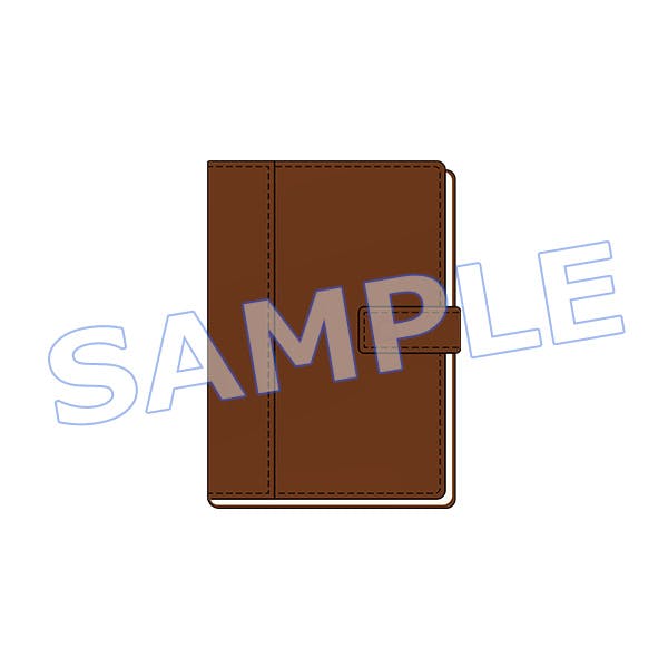 Illustration of a brown notebook cover with a strap closure shown on a white background.