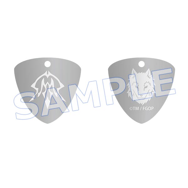 Two triangular metal guitar picks shown front and back with small holes and printed character designs, overlaid with a "SAMPLE" watermark.