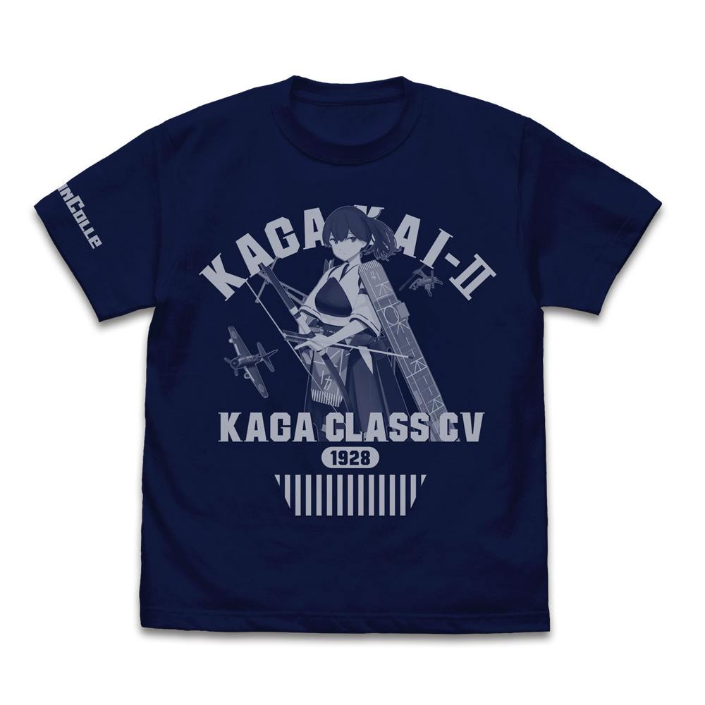 Front view of a navy men's cotton T-shirt printed with an anime character and the text "KAGA CLASS CV 1928".