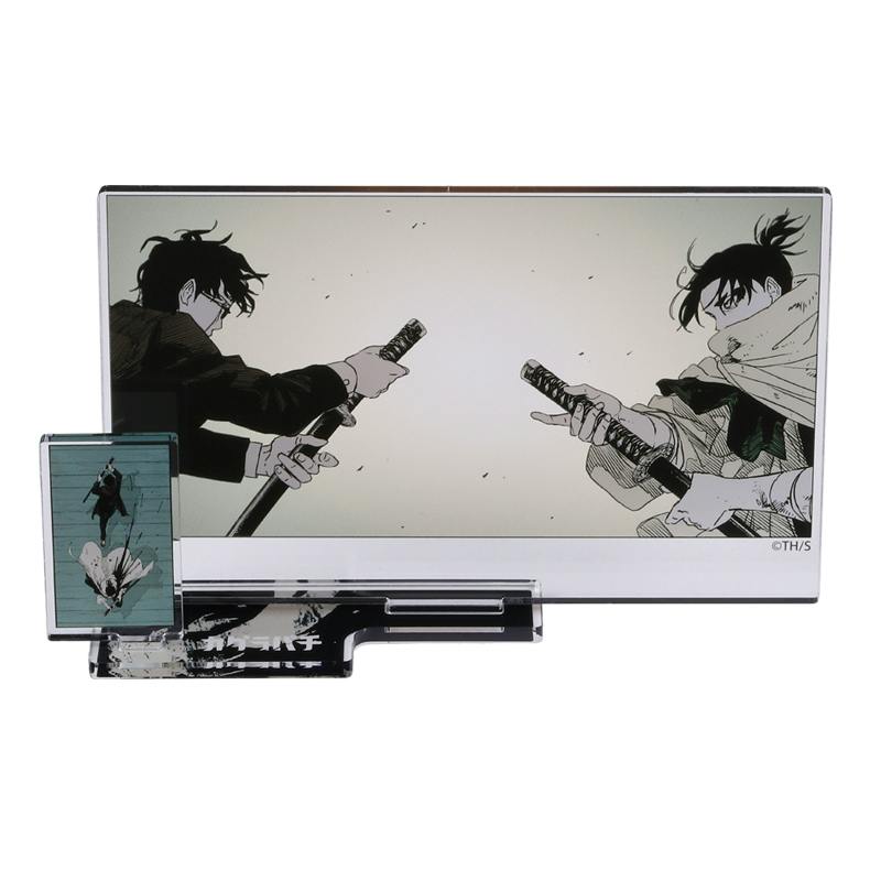 Acrylic diorama decorative stand showing two characters from "Kagurabachi" drawing swords with a smaller vertical acrylic panel attached to the base.