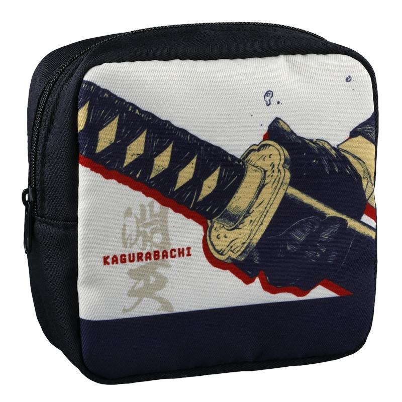 Front view of a square polyester box pouch printed with a sword hilt illustration and the text “KAGURABACHI.”