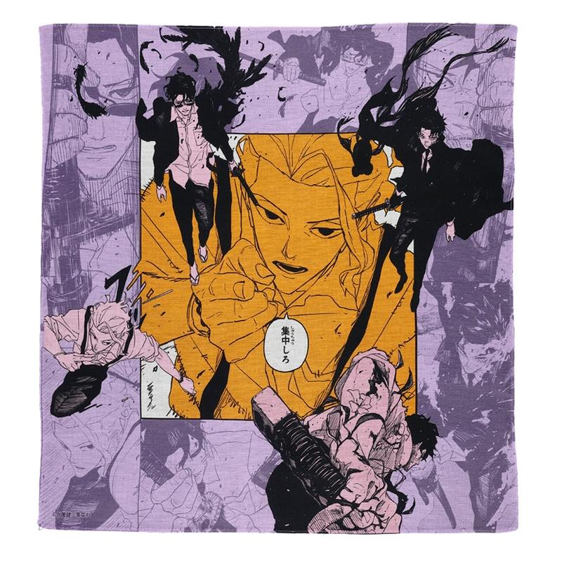 Cotton handkerchief with a purple and orange manga-style print showing multiple characters and a central speech bubble reading “集中しろ”.
