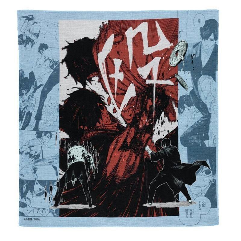 Square cotton handkerchief printed with a manga-style red and blue illustration of two figures fighting and large Japanese text in the center.
