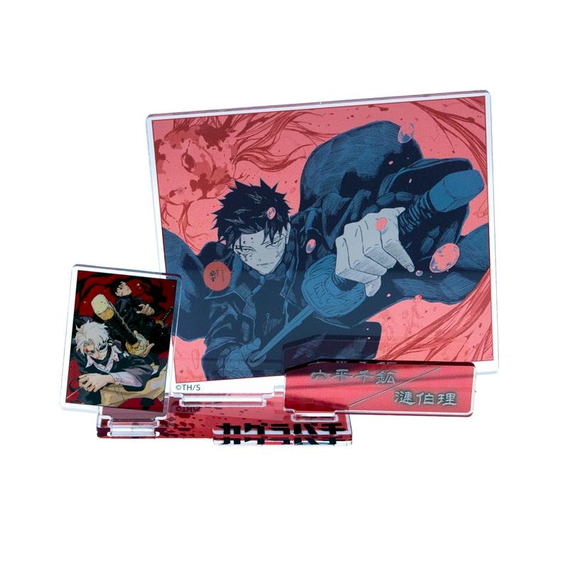 Acrylic diorama decorative stand with two printed character panels mounted on a printed base.
