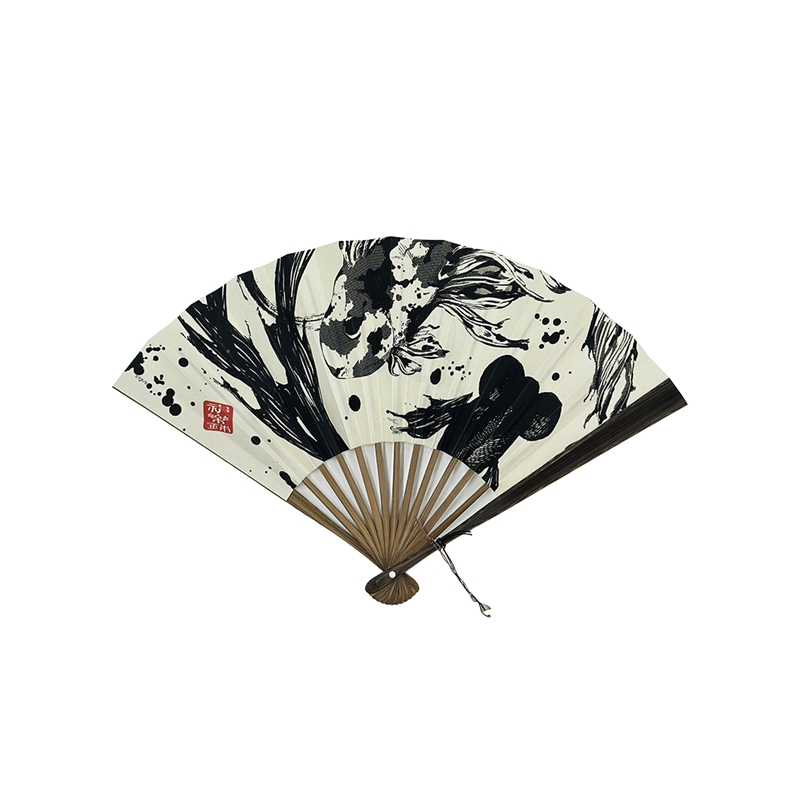 An open paper folding fan with black ink-style illustration and wooden ribs.