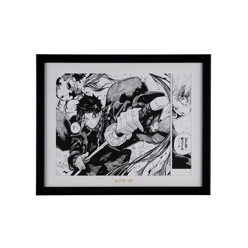 Framed black-and-white 'カグラバチ' original art print in a black frame with white mat showing a manga action panel.