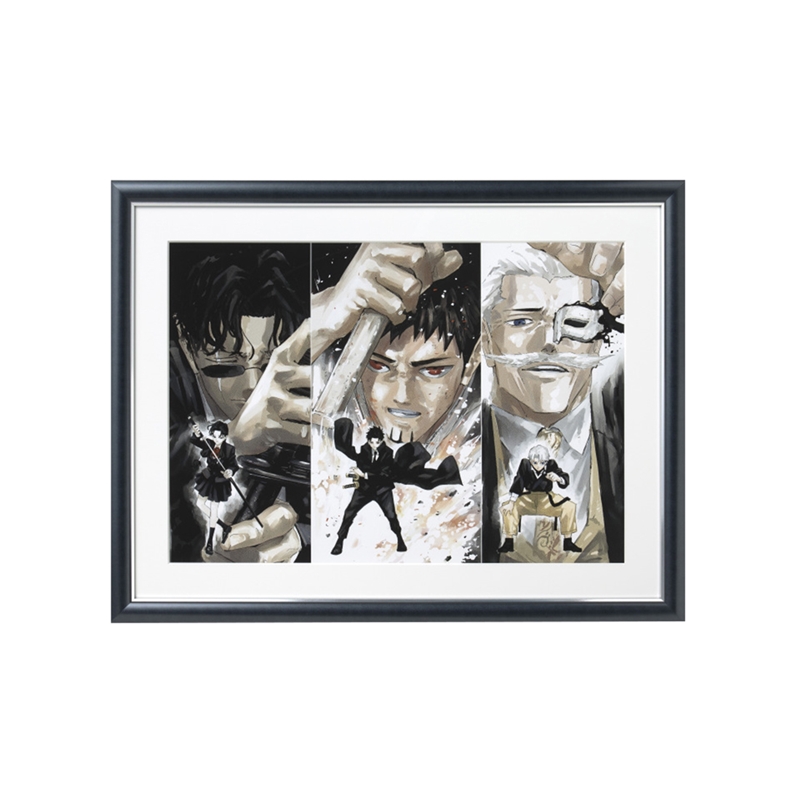 Framed high-resolution digital color art print of 『カグラバチ』 showing a three-panel illustration of characters.