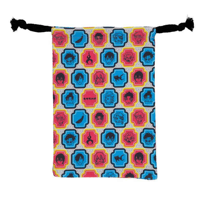 Polyester drawstring pouch (『カグラバチ』 和風巾着) with a repeating colorful framed character-face pattern.