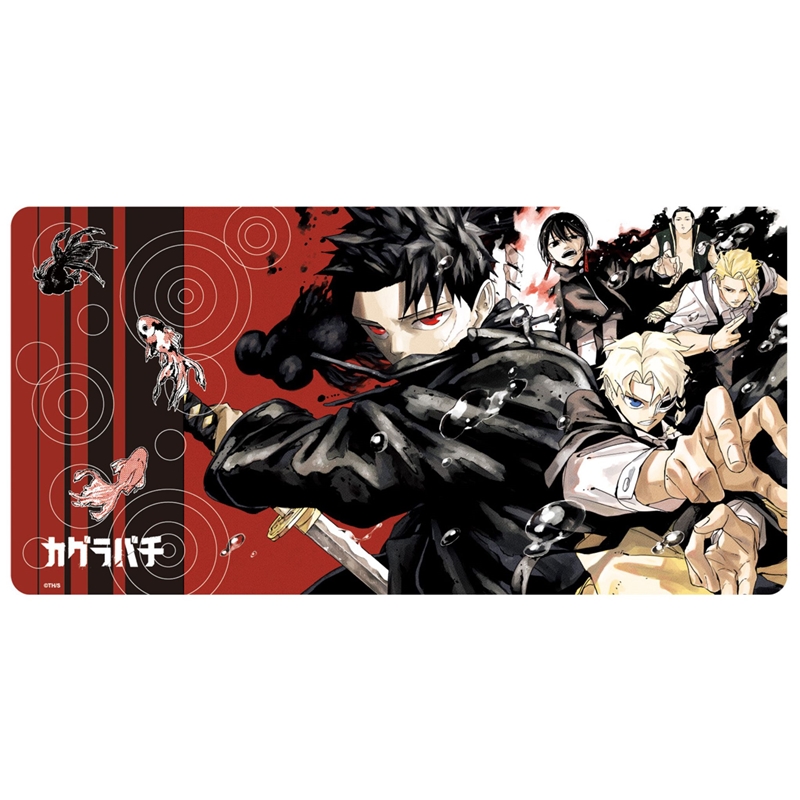 A rectangular desk mat showing anime-style characters and the text 'カグラバチ' on a red and black background.