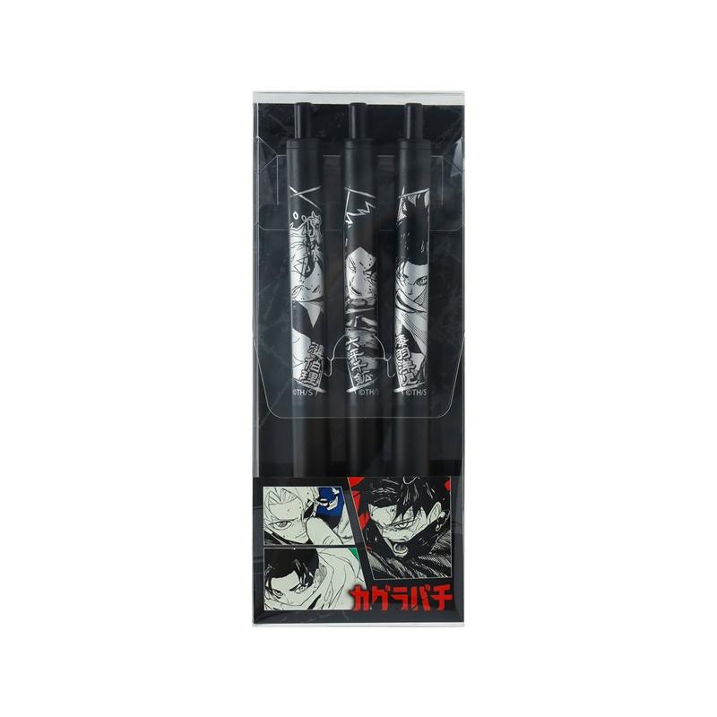 Three black ballpoint pens with manga-style character artwork shown in clear plastic packaging.