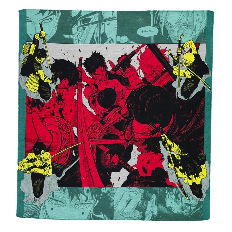 Square cotton handkerchief printed with multiple stylized swordsmen illustrations in red, yellow, teal, and black.