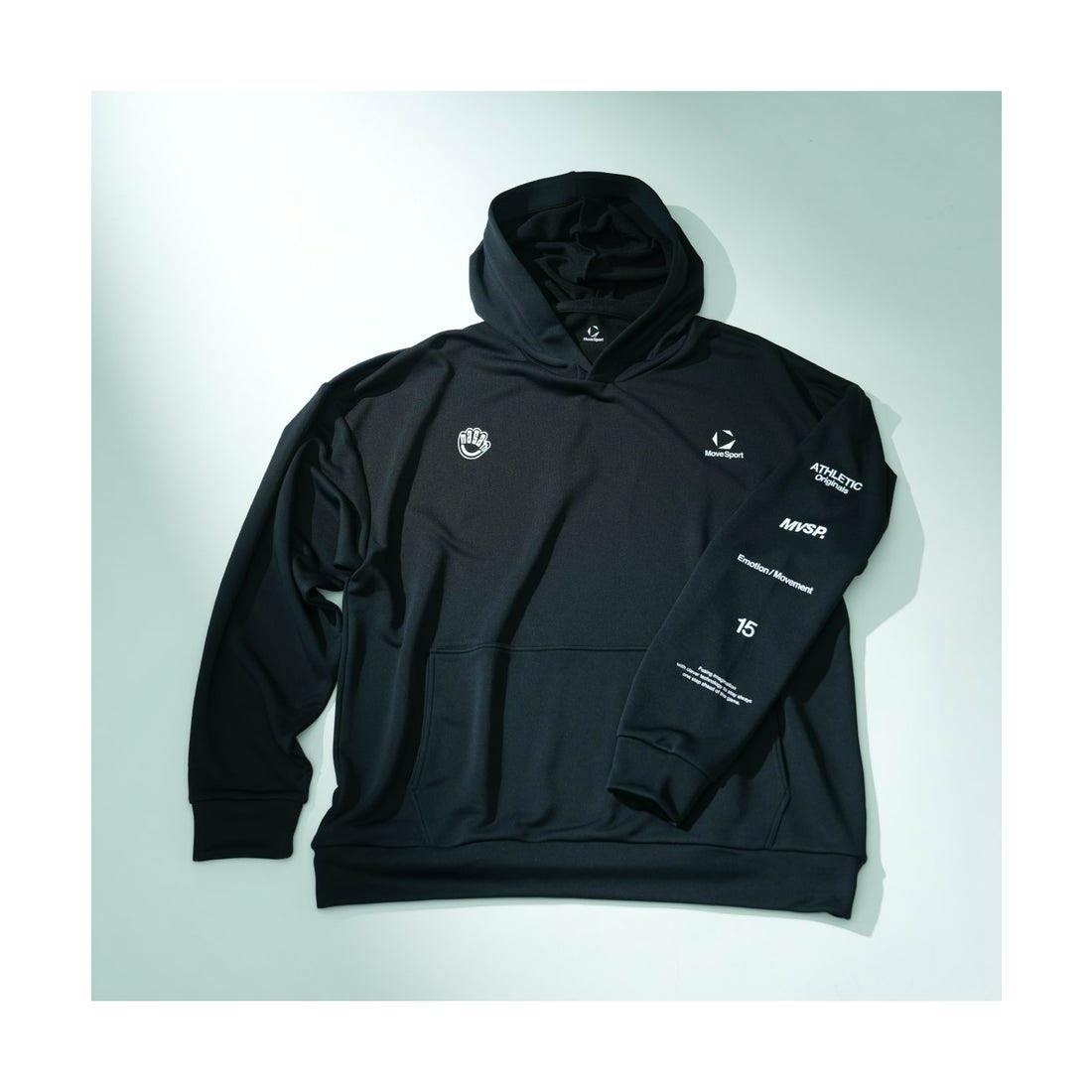 Flat-lay black polyester hooded sweatshirt showing the front pouch pocket and white logos and text on the chest and right sleeve.