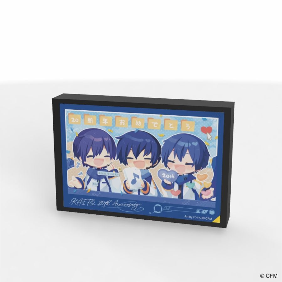 Front view of the KAITO 20th Anniversary mini pub mirror showing chibi artwork by にゃん in a black frame.