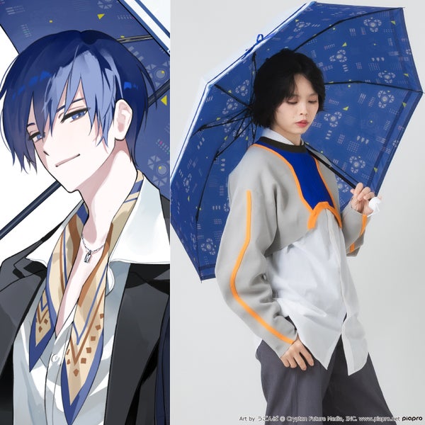 Person holding a blue KAITO-model folding umbrella with printed patterns, shown beside KAITO character artwork.