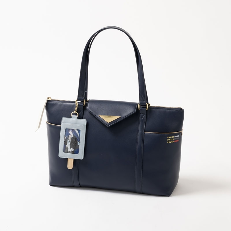 Navy KAITO-model reusable tote bag with gold hardware and attached light-blue cardholder on a white background.