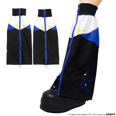 White-background product photos showing KAITO blue/black/white leg covers with a zipper and embroidered detail.