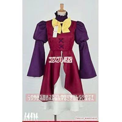 Front view of the women's polyester cosplay dress (size M) on a mannequin with purple puffed sleeves, burgundy bodice and a yellow bow.