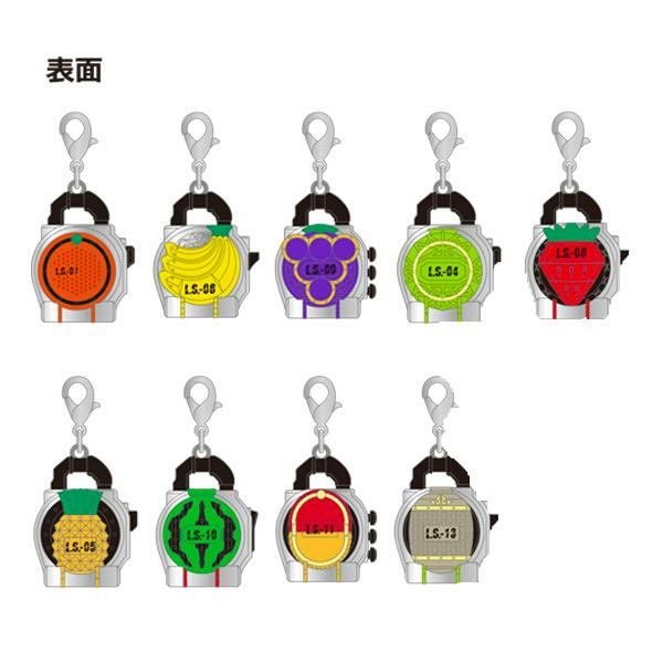 Illustration showing ten Lockseed metal keychain charms from the collection, each with a lobster clasp and a different face design.