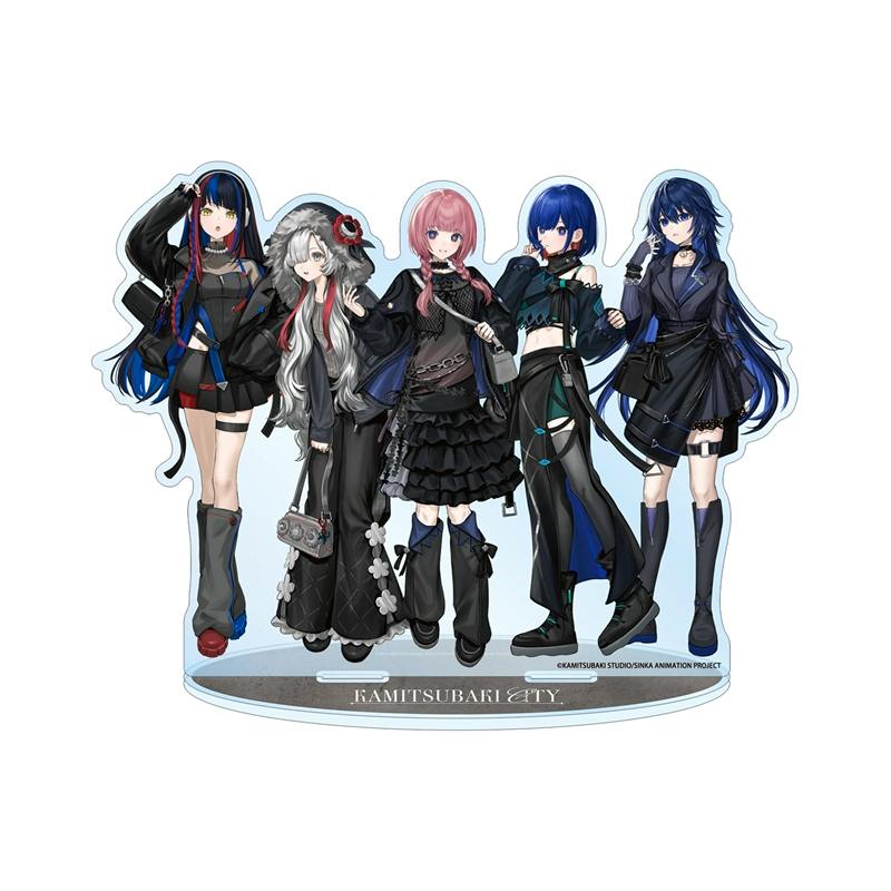 BIG acrylic decorative stand showing five anime characters from Kamitsubaki City Under Construction wearing black coordinated outfits.