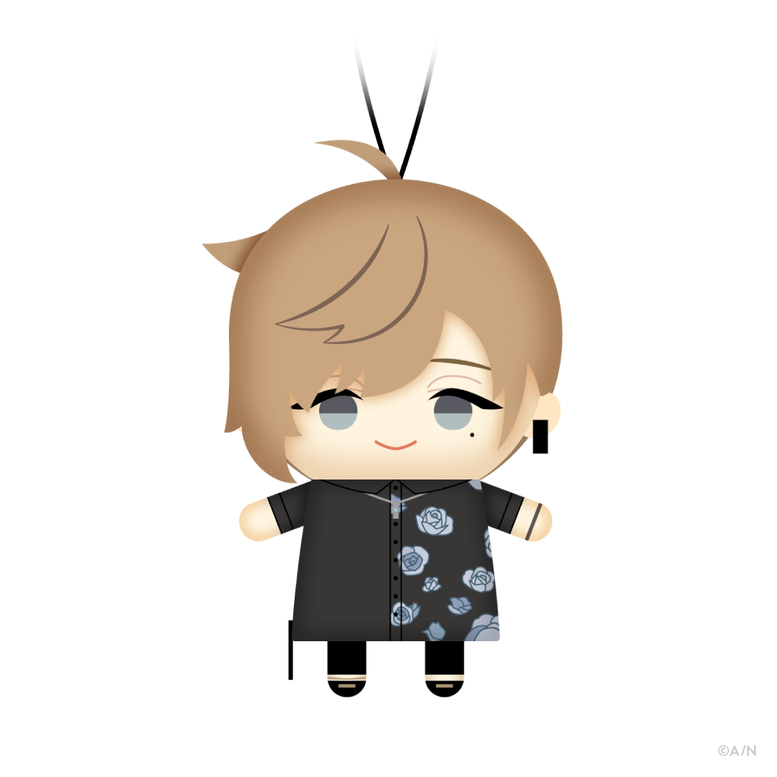 Illustrated plush keychain of a chibi character with brown hair wearing a black shirt with a blue rose pattern, shown hanging by a loop on a white background.
