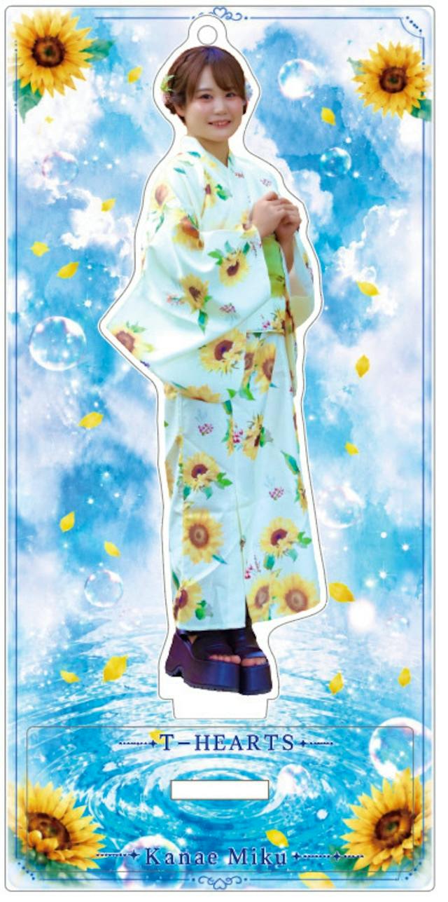 Acrylic stand for "新作 叶ミク" showing a full-body printed image wearing a sunflower-patterned kimono on a blue decorative background.