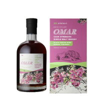 A bottle of liqueur and its matching pink, floral-decorated box.