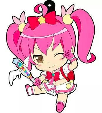 Rubber phone strap charm showing a chibi Kanako in Meruru cosplay with pink twin-tails and a magic staff.
