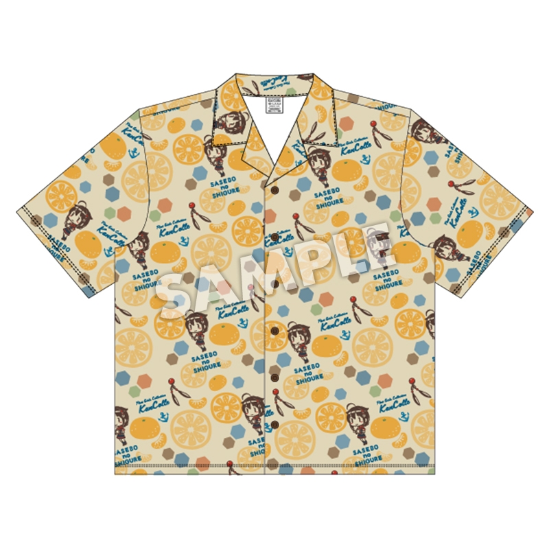 Front-view product illustration of the men's polyester aloha shirt showing a repeating character-and-citrus pattern with a SAMPLE watermark.