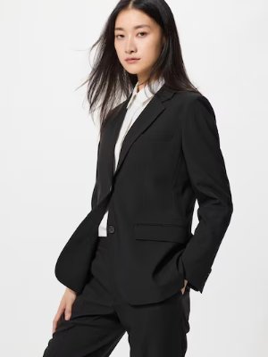Model wearing the men's polyester jacket in black over a white shirt, shown from mid-thigh up.