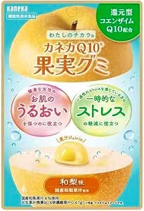 Front view of the Kaneka Q10 Fruit Gummies packet in Japanese pear flavor showing the gummy and pear graphics on the packaging.
