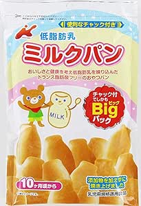 Front view of the Kanemasu Seika low-fat milk pan baby food package with cartoon characters and pictures of bread-like snacks.