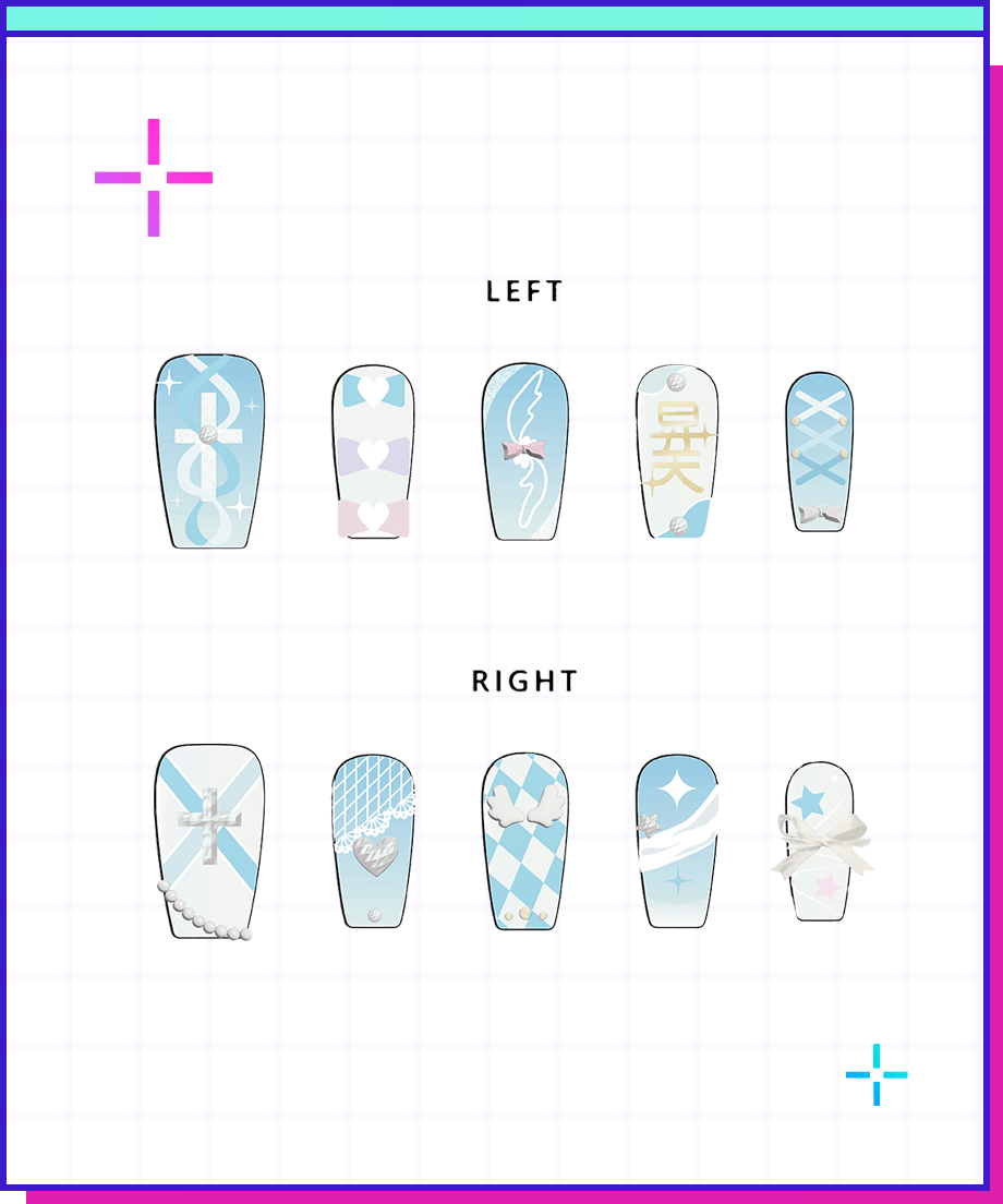 Illustration of ten blue-themed nail sticker designs arranged in two rows labeled "LEFT" and "RIGHT" on a grid background.
