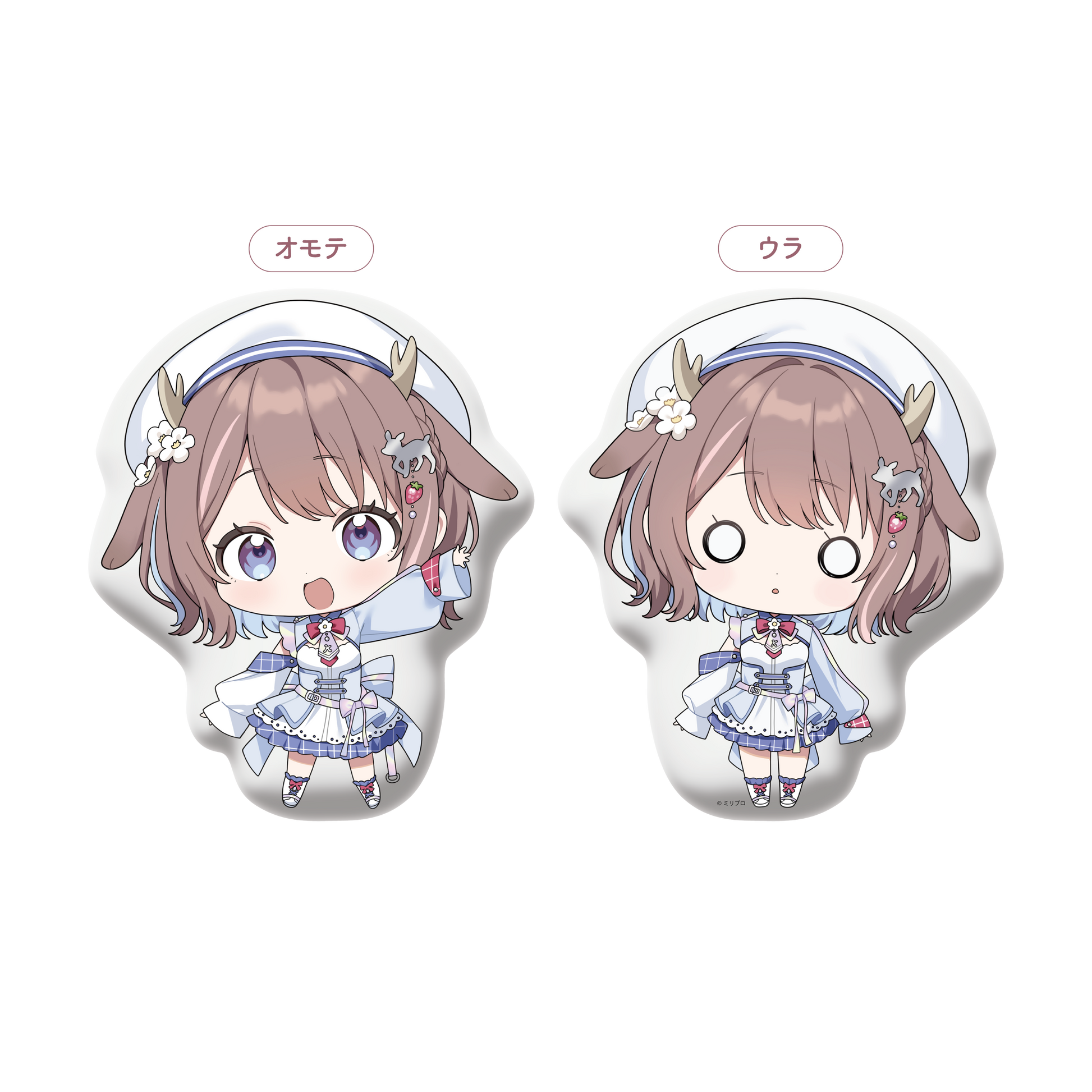 Front and back of a double-sided die-cut cushion showing a chibi girl in a sailor-style outfit on a black background.
