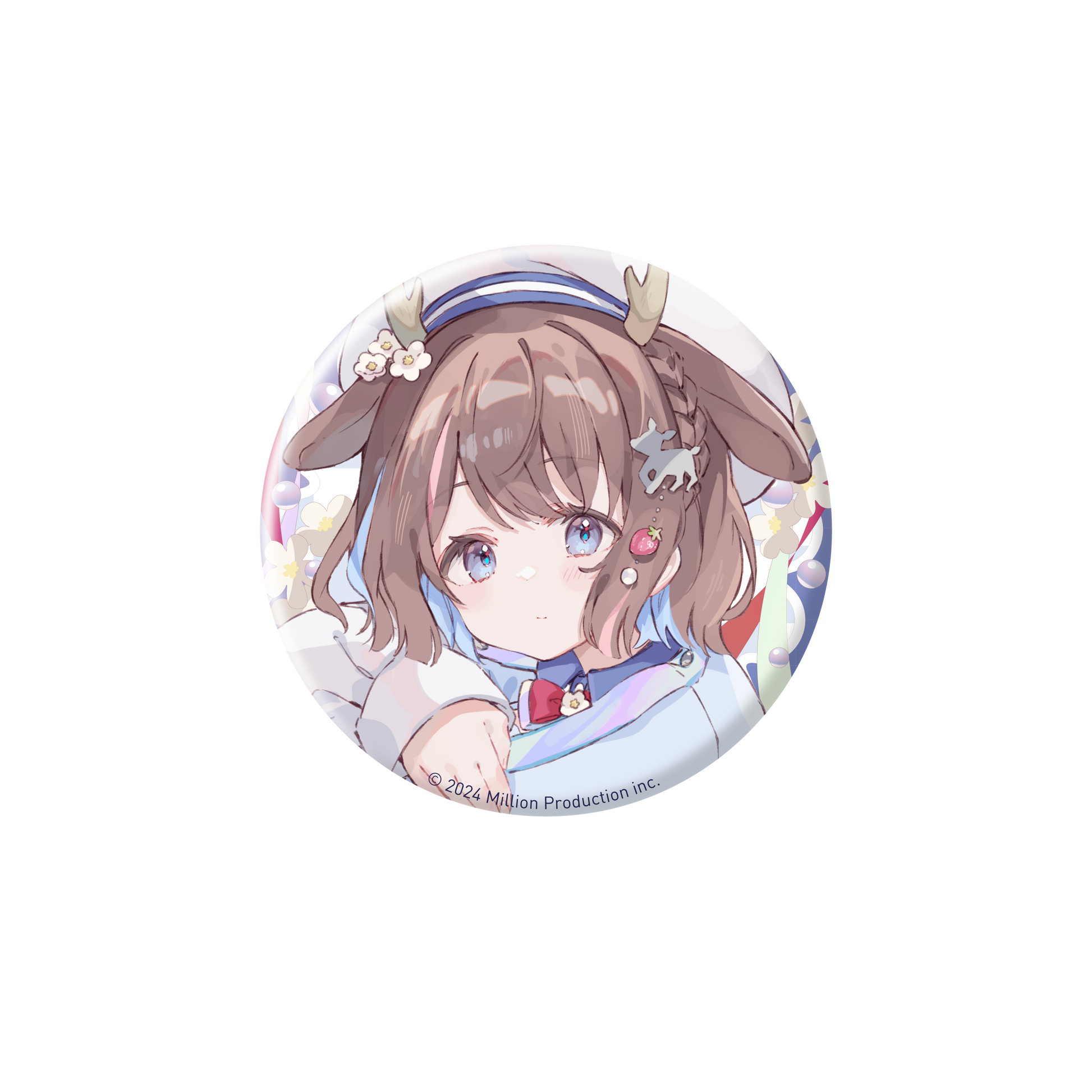 Round can badge showing an illustrated brown‑haired character's face and shoulders on a black background.